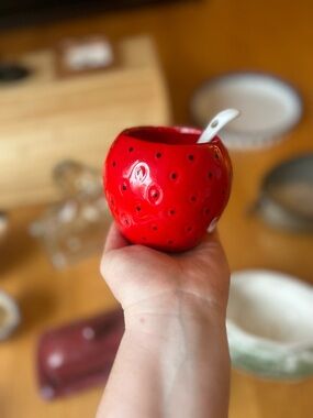 Cute Red Ceramic Strawberry-Shaped Sugar Bowl with Spoon for Jam or Condiments